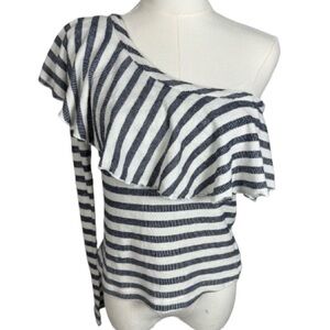 Splendid Navy and White Striped One Shoulder Ruffle Top Size XS
